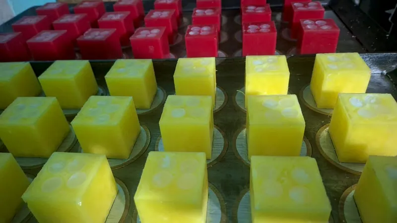 Velas em cubo amarelas e vermelhas ainda nas formas